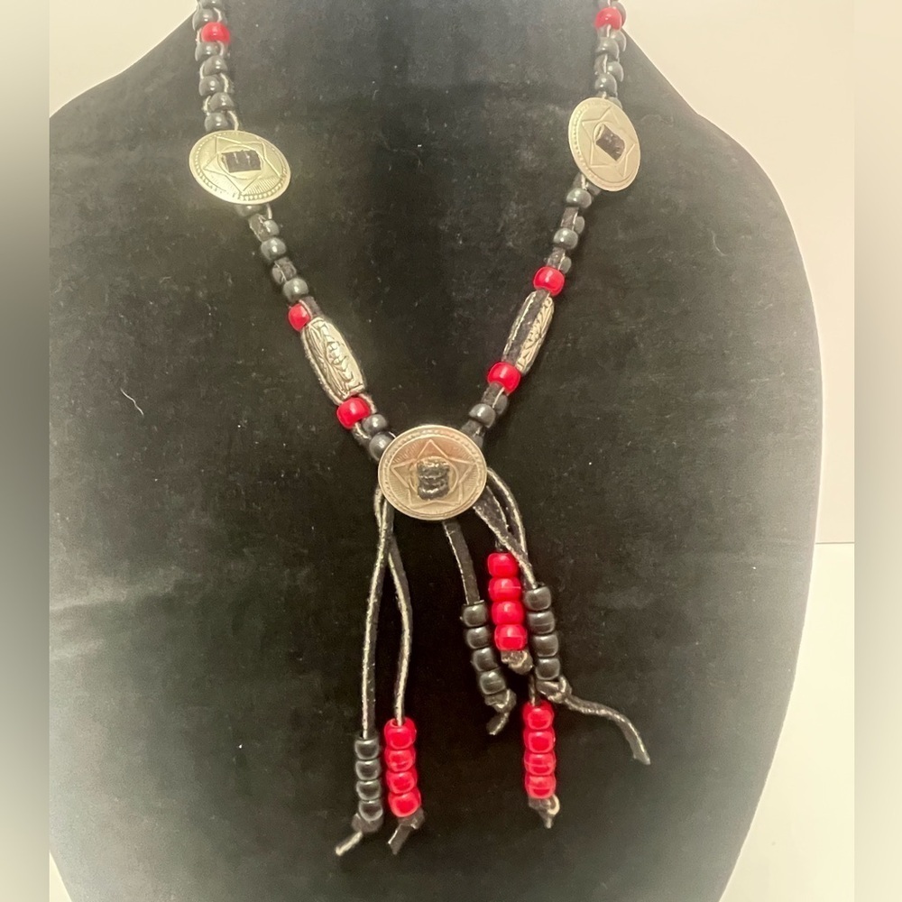 Leather and Black and Red Bead Concho Necklace and Earrings